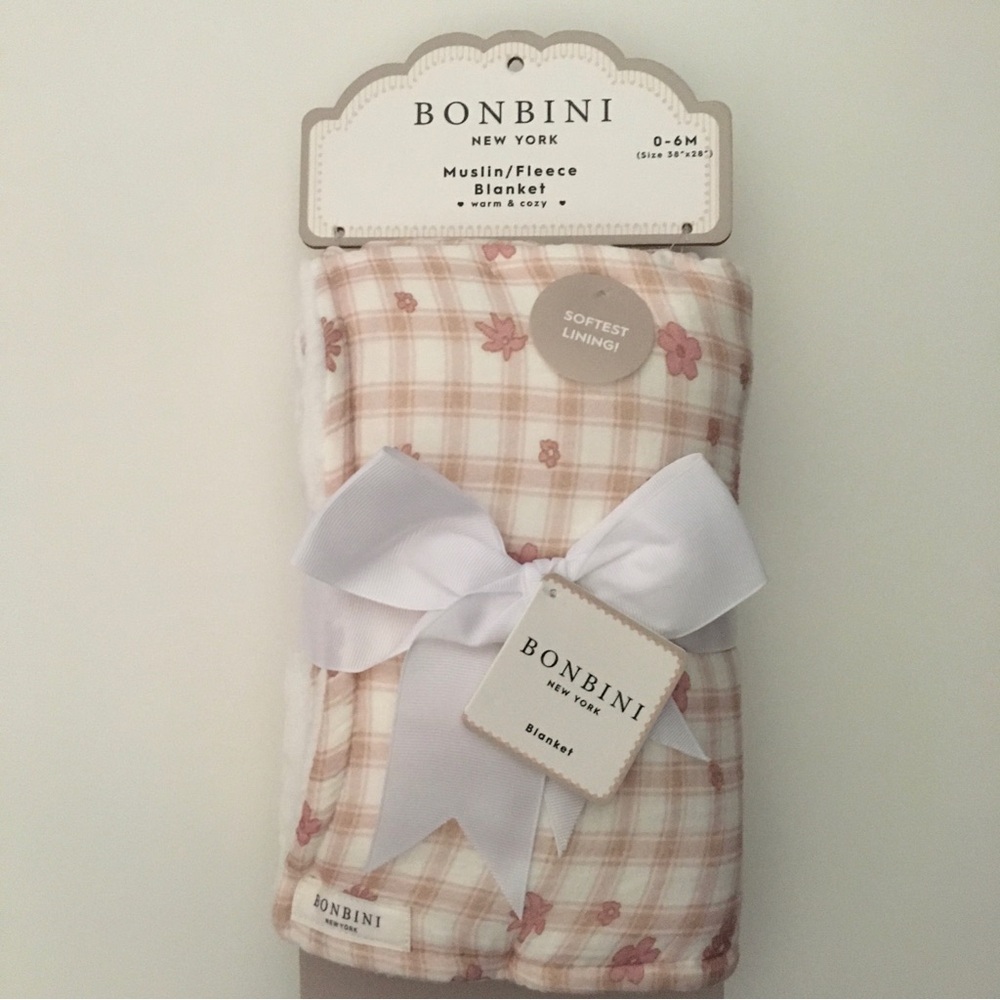 Baby Blanket Muslin Cotton Pink Floral Checkered Print Soft Lining NEW | Bonbini